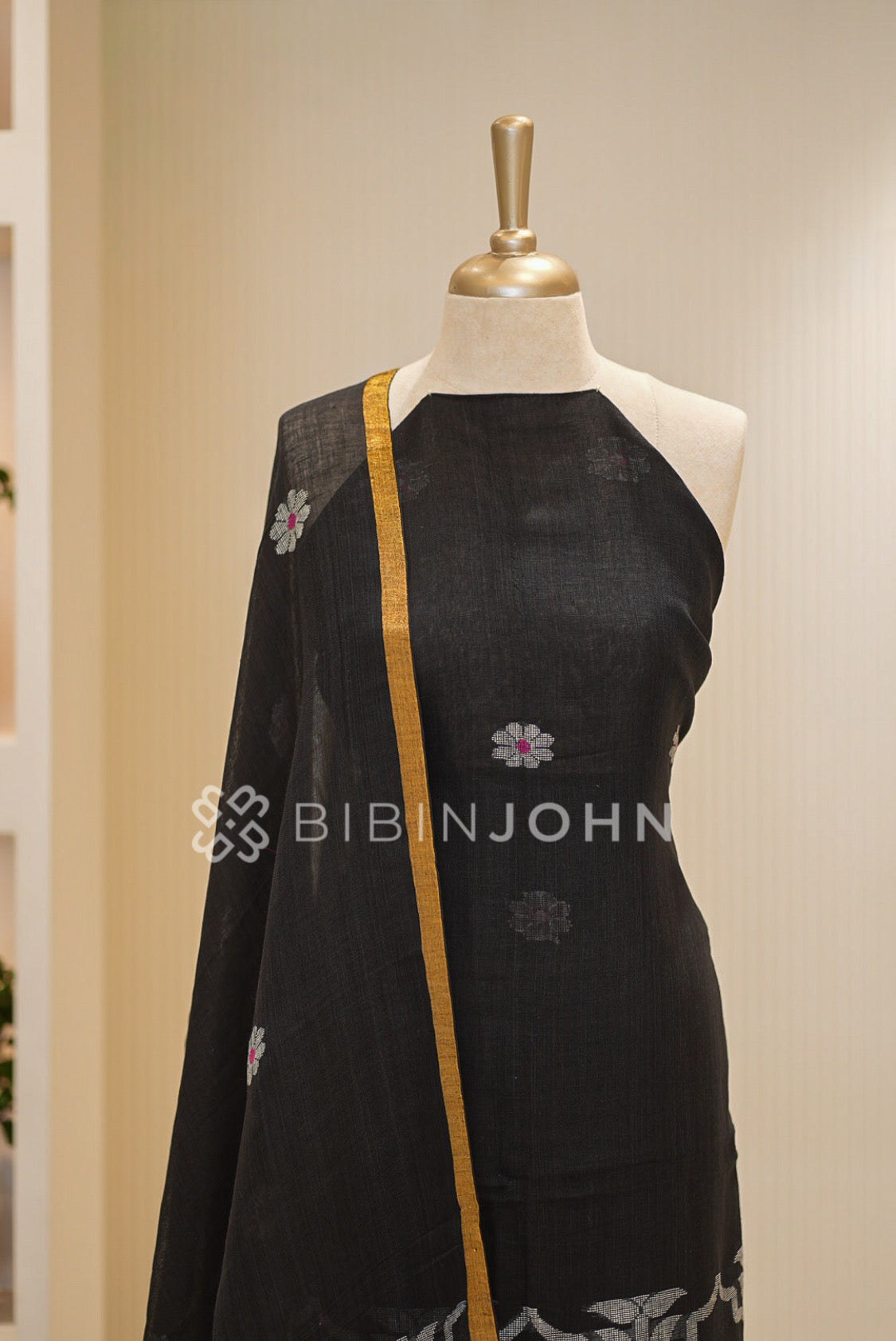 Printed Linen Jamdani Unstitched Salwar Suit Material Black BJ0842