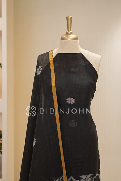 Printed Linen Jamdani Unstitched Salwar Suit Material Black BJ0842