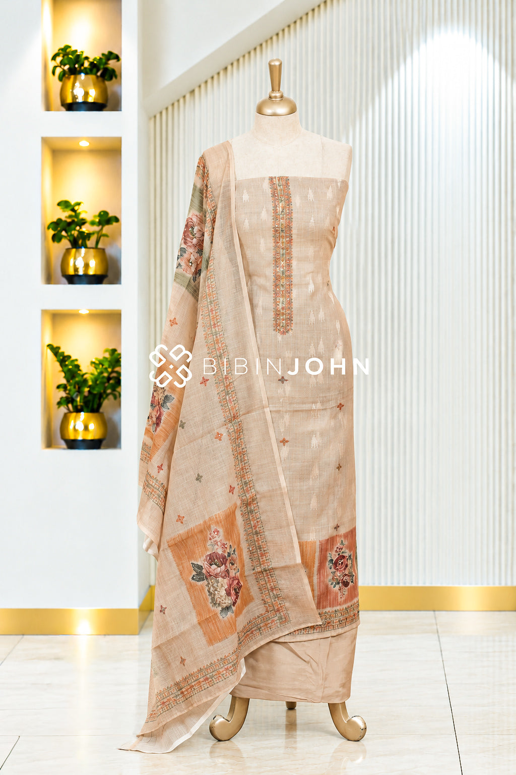 Chanderi Embroidery Unstitched Salwar Suit Material Light Peach Beige BJ2078