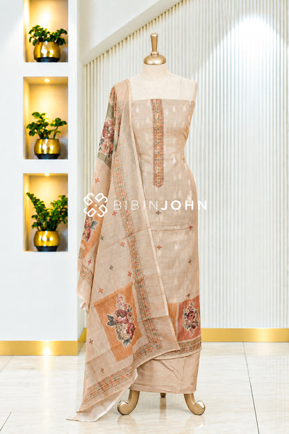 Chanderi Embroidery Unstitched Salwar Suit Material Light Peach Beige BJ2078
