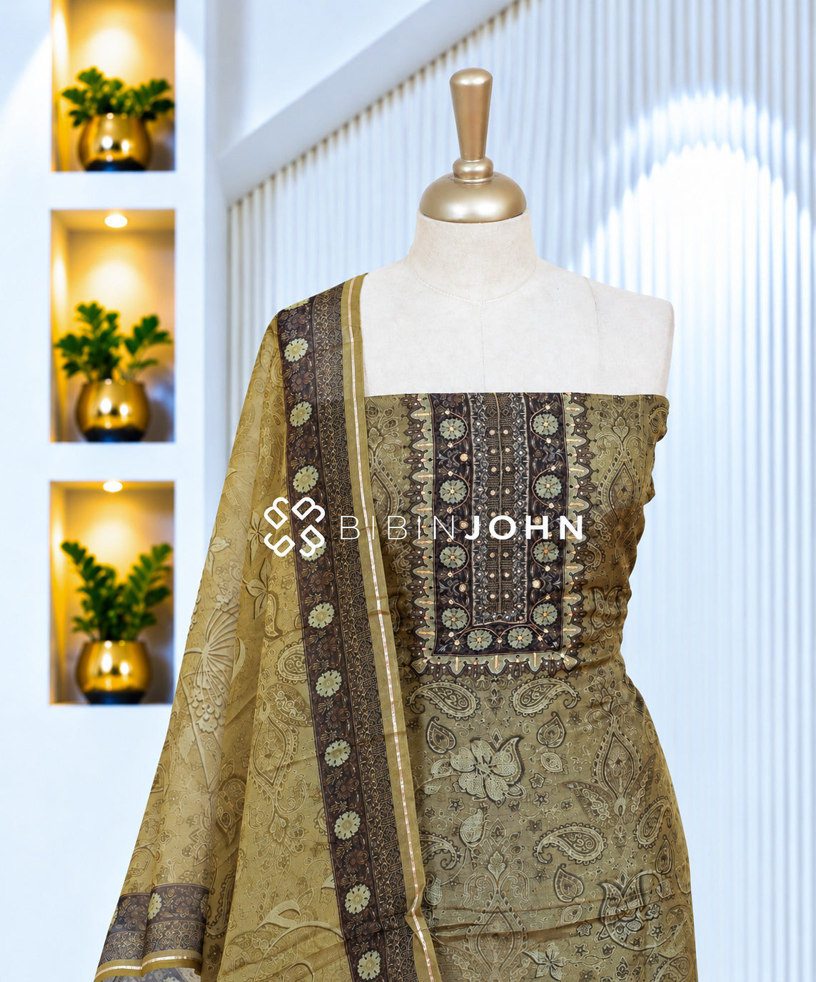 Muslin Embroidery Unstitched Salwar Suit Material Olive Brown BJ2082