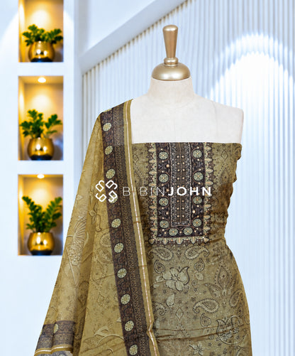 Muslin Embroidery Unstitched Salwar Suit Material Olive Brown BJ2082
