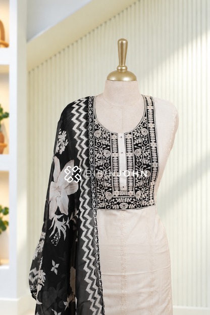 Semi Stitched Chanderi Embroidery Salwar Suit Material Ivory White with Black BJ1840