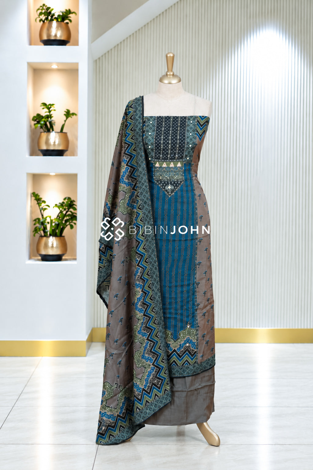Muslin Embroidery Unstitched Salwar Suit Material Teal Blue BJ1947