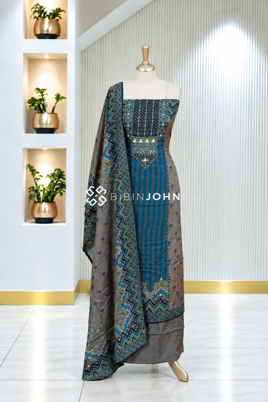 Muslin Embroidery Unstitched Salwar Suit Material Teal Blue BJ1947