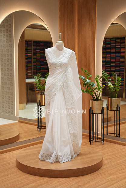 Cotta Embroidery Saree Ivory & Powder Blue BJ1052
