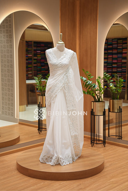 Cotta Embroidery Saree Ivory & Powder Blue BJ1052