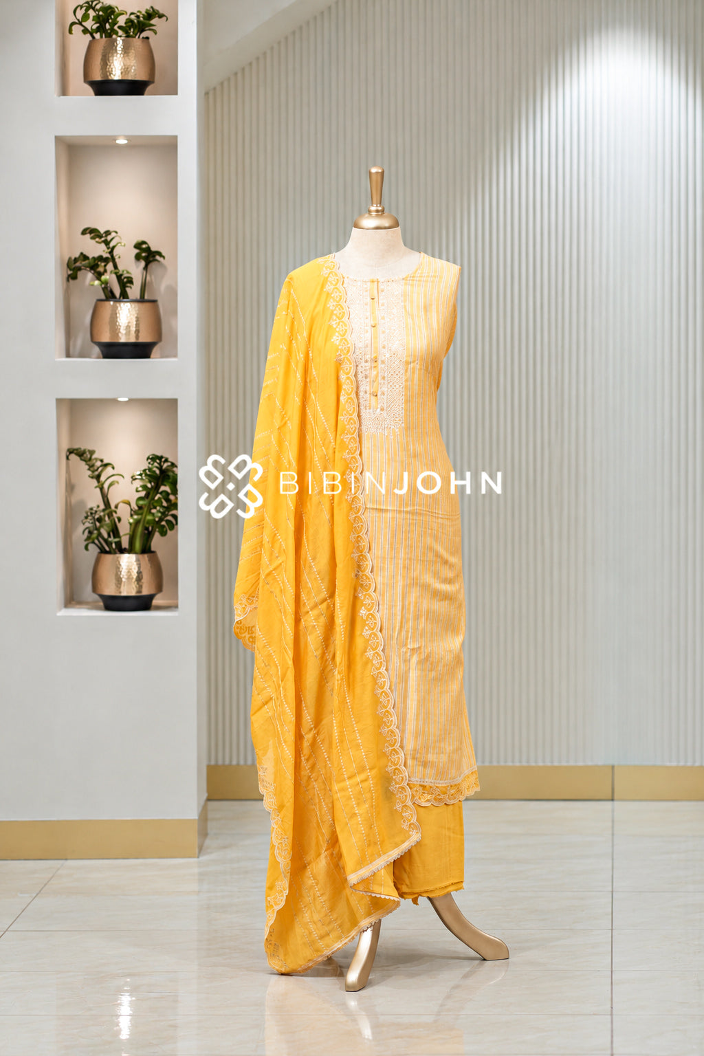 Semi Stitched Muslin Embroidery Salwar Suit Material Sunshine Yellow BJ2029