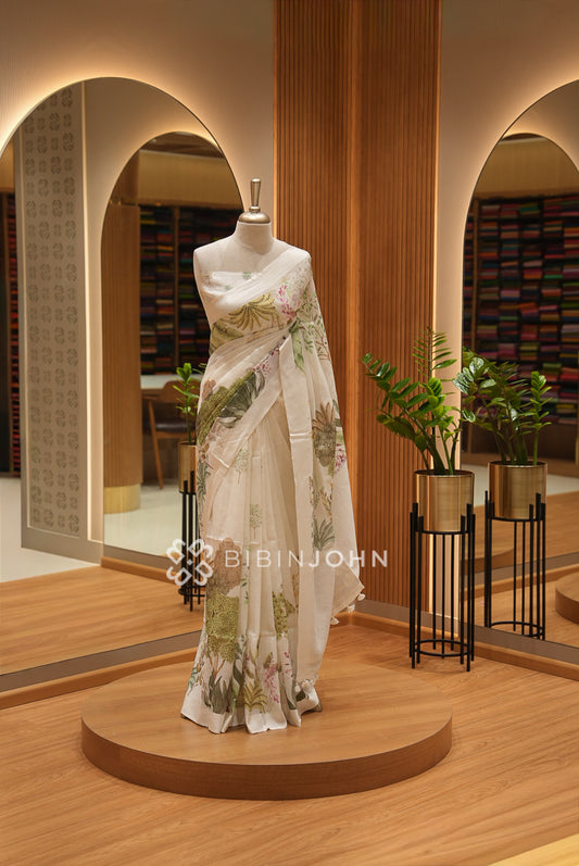 Printed Linen Saree For Women Ivory Cream BJ2185