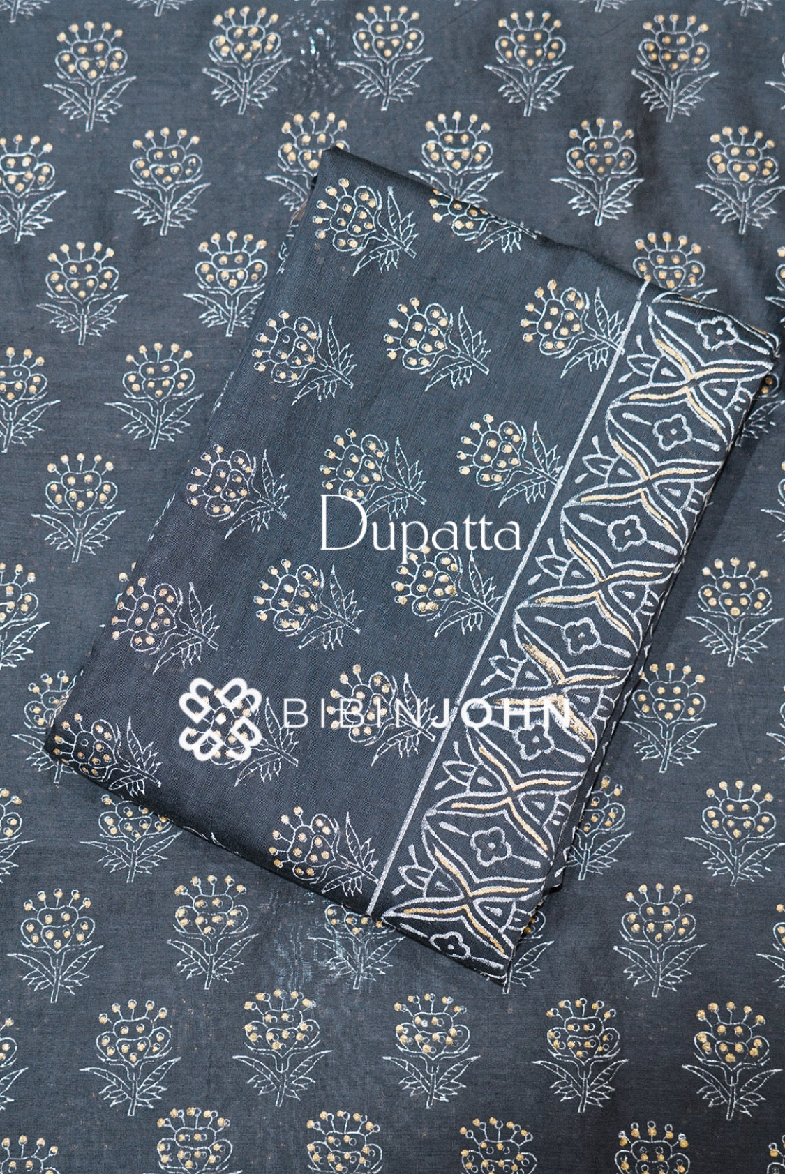 Printed Chanderi Unstitched Salwar Suit Material Dark Gray BJ1116