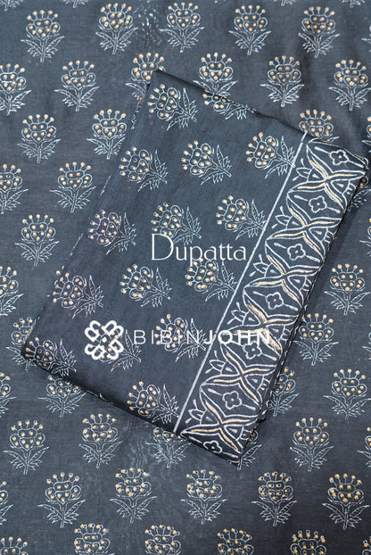 Printed Chanderi Unstitched Salwar Suit Material Dark Gray BJ1116