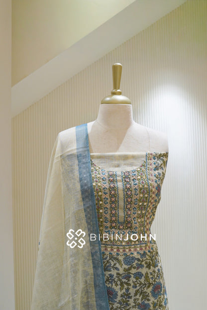 Art Tissue Linen Unstitched Salwar Suit Material Ivory Cream BJ2522