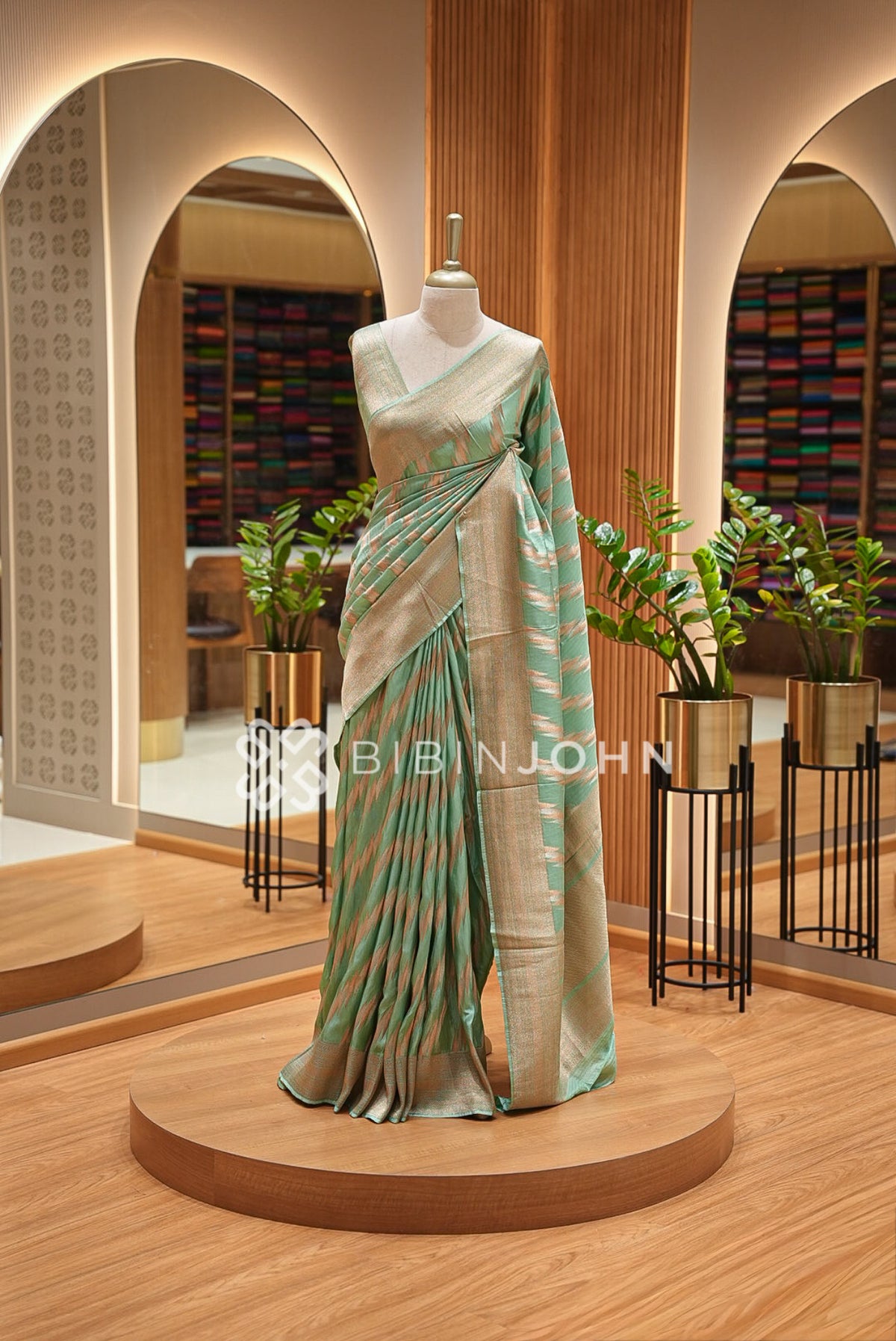 Silk Brocade Saree Mint Green & Gold BJ1032