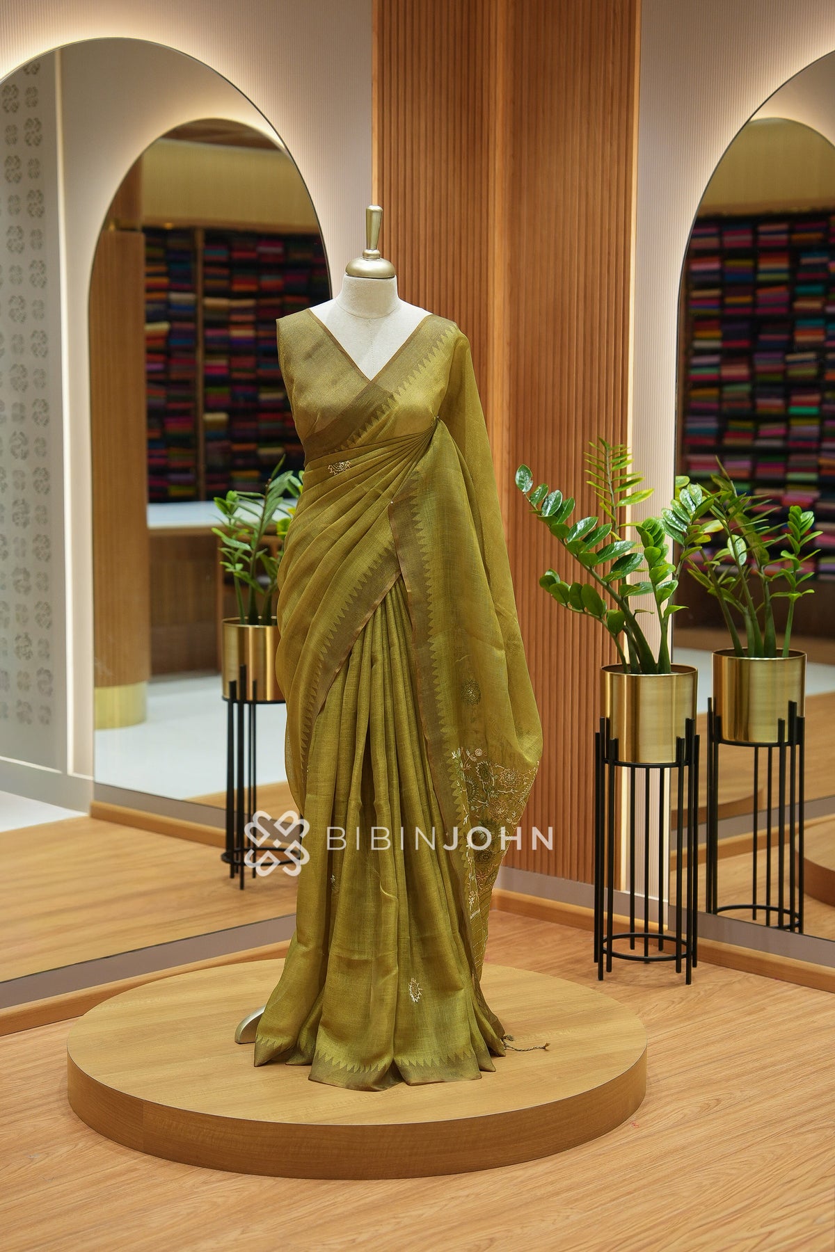 Tissue Linen Embroidery Saree For Women Antique Olive Green BJ2437