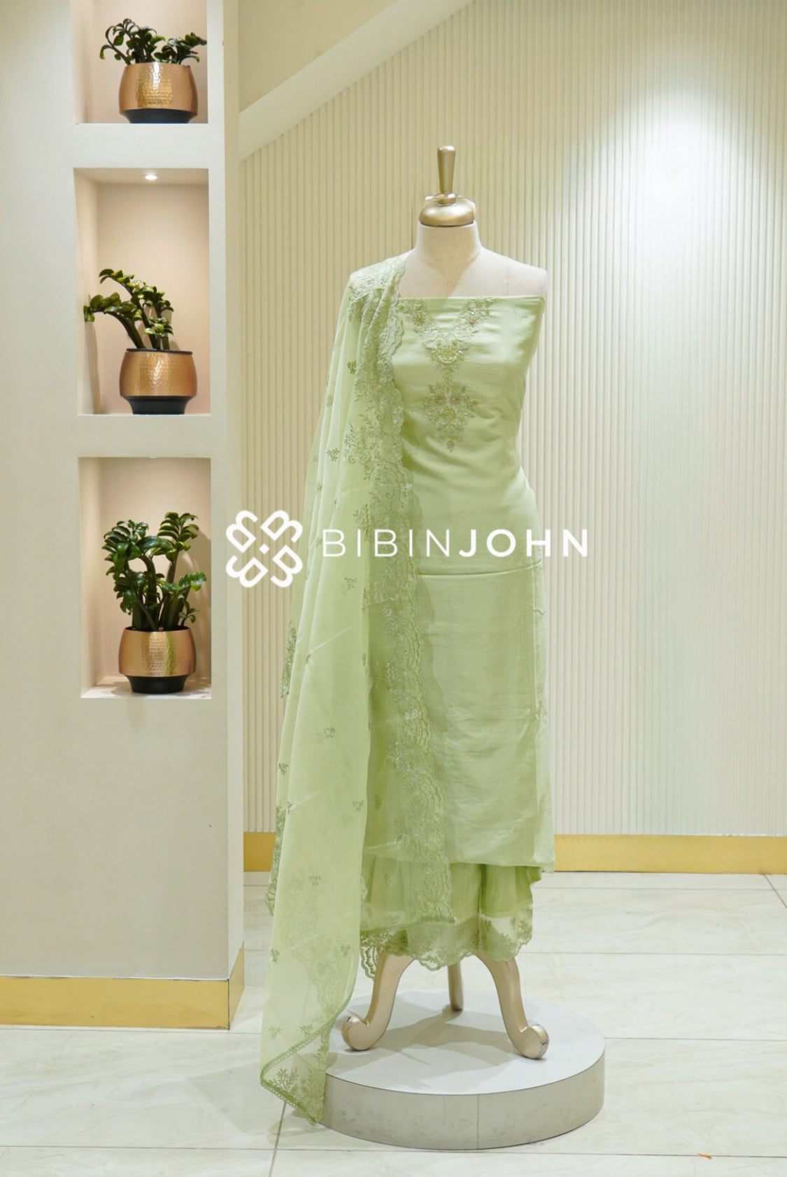 Chanderi Embroidery Unstitched Salwar Suit Material Pastel Pista Green BJ2743