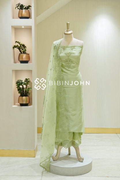 Chanderi Embroidery Unstitched Salwar Suit Material Pastel Pista Green BJ2743