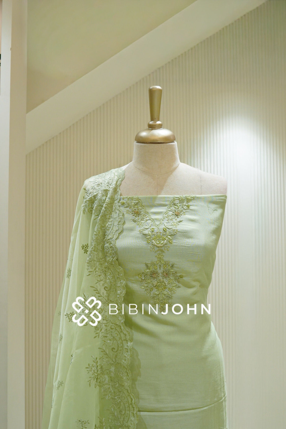 Chanderi Embroidery Unstitched Salwar Suit Material Pastel Pista Green BJ2743