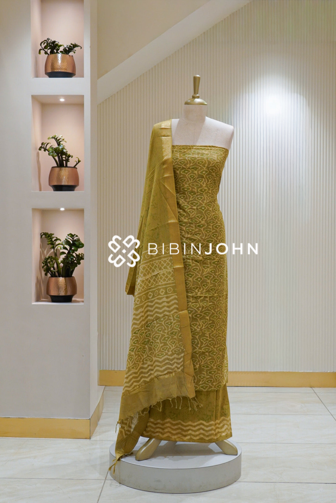 Printed Cotton Unstitched Salwar Suit Material Mustard Olive BJ2252