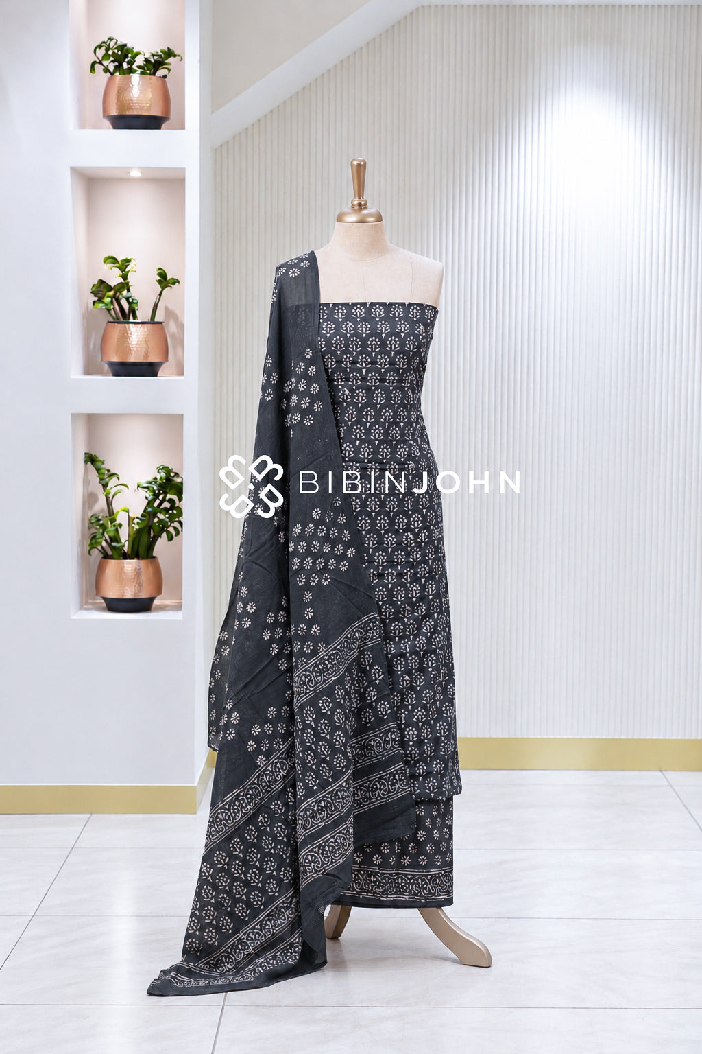 Printed Cotton Unstitched Salwar Suit Material Charcoal Black BJ1995