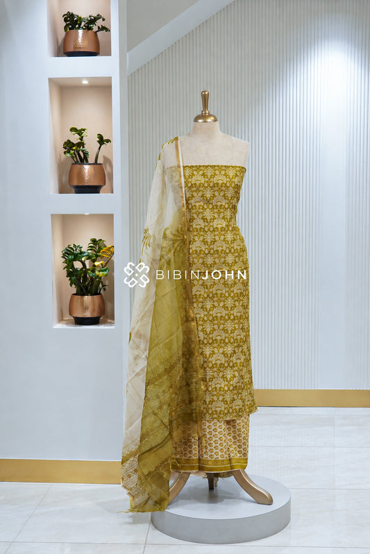 Printed Chanderi Unstitched Salwar Suit Material Mustard Olive Yellow BJ1807