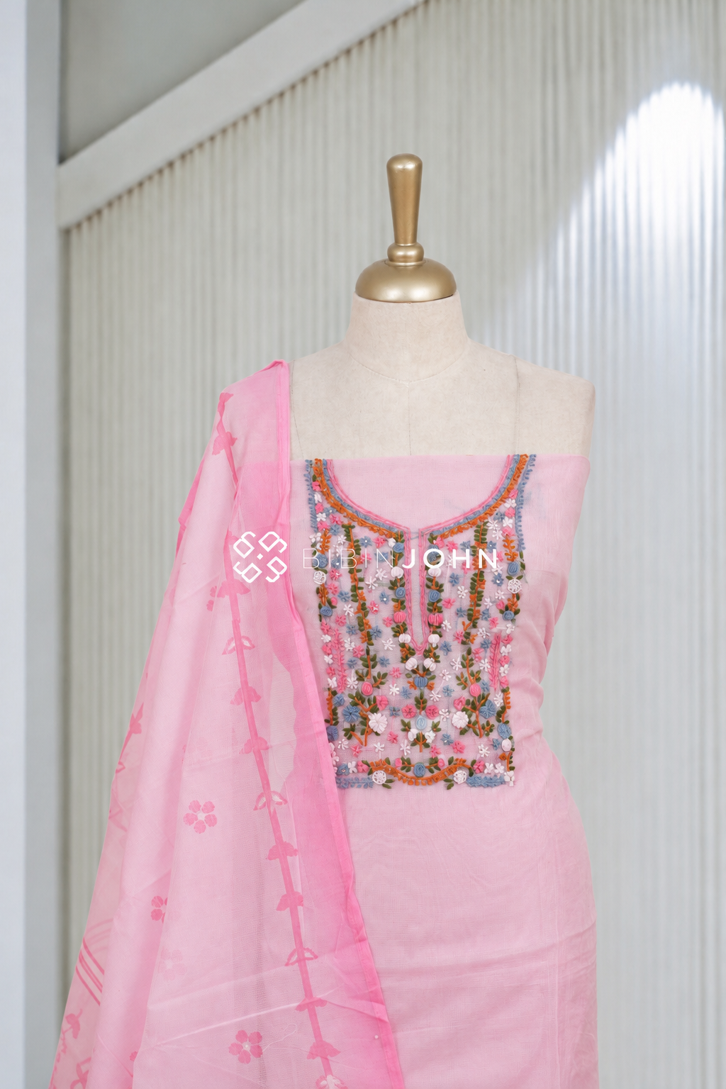 Cotta Embroidery Unstitched Salwar Suit Material Baby Pink BJ2070