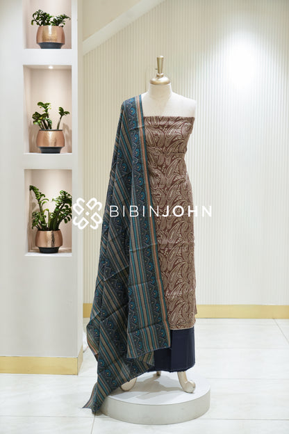 Semi Silk Printed Unstitched Salwar Suit Materials Blue BJ2208