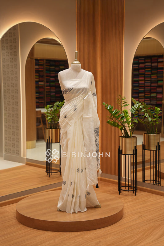 Matka Art Embroidery Saree For Women Ivory White BJ1650