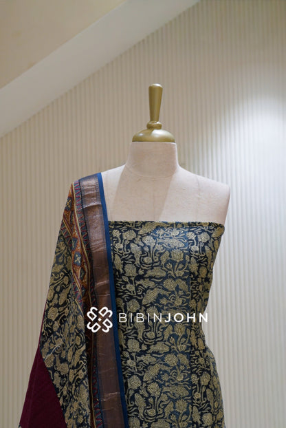 Printed Chanderi Unstitched Salwar Suit Material Navy Blue BJ2233