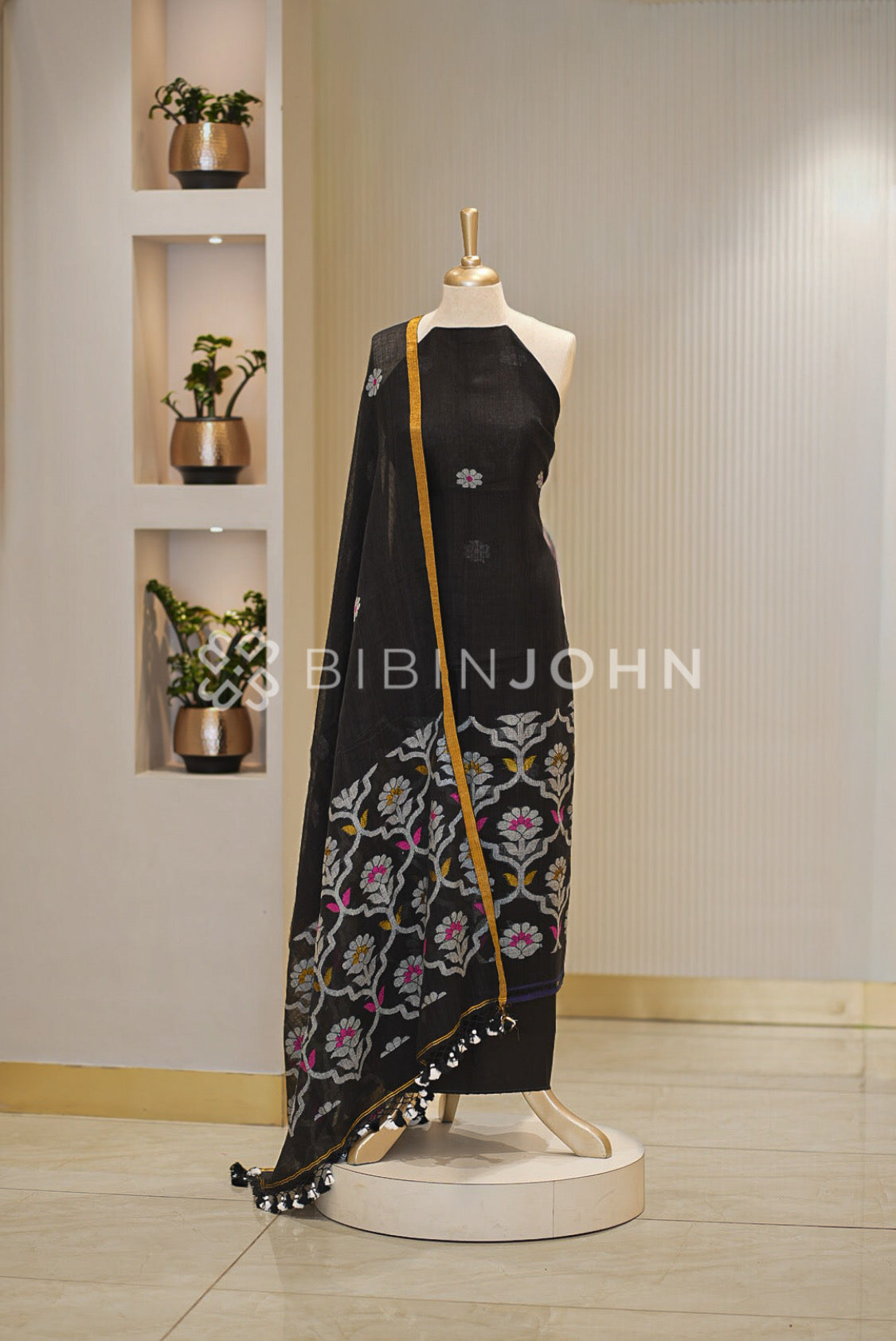 Printed Linen Jamdani Unstitched Salwar Suit Material Black BJ0842