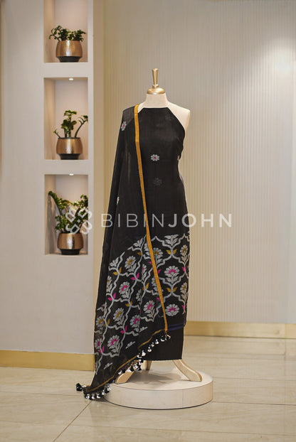 Printed Linen Jamdani Unstitched Salwar Suit Material Black BJ0842