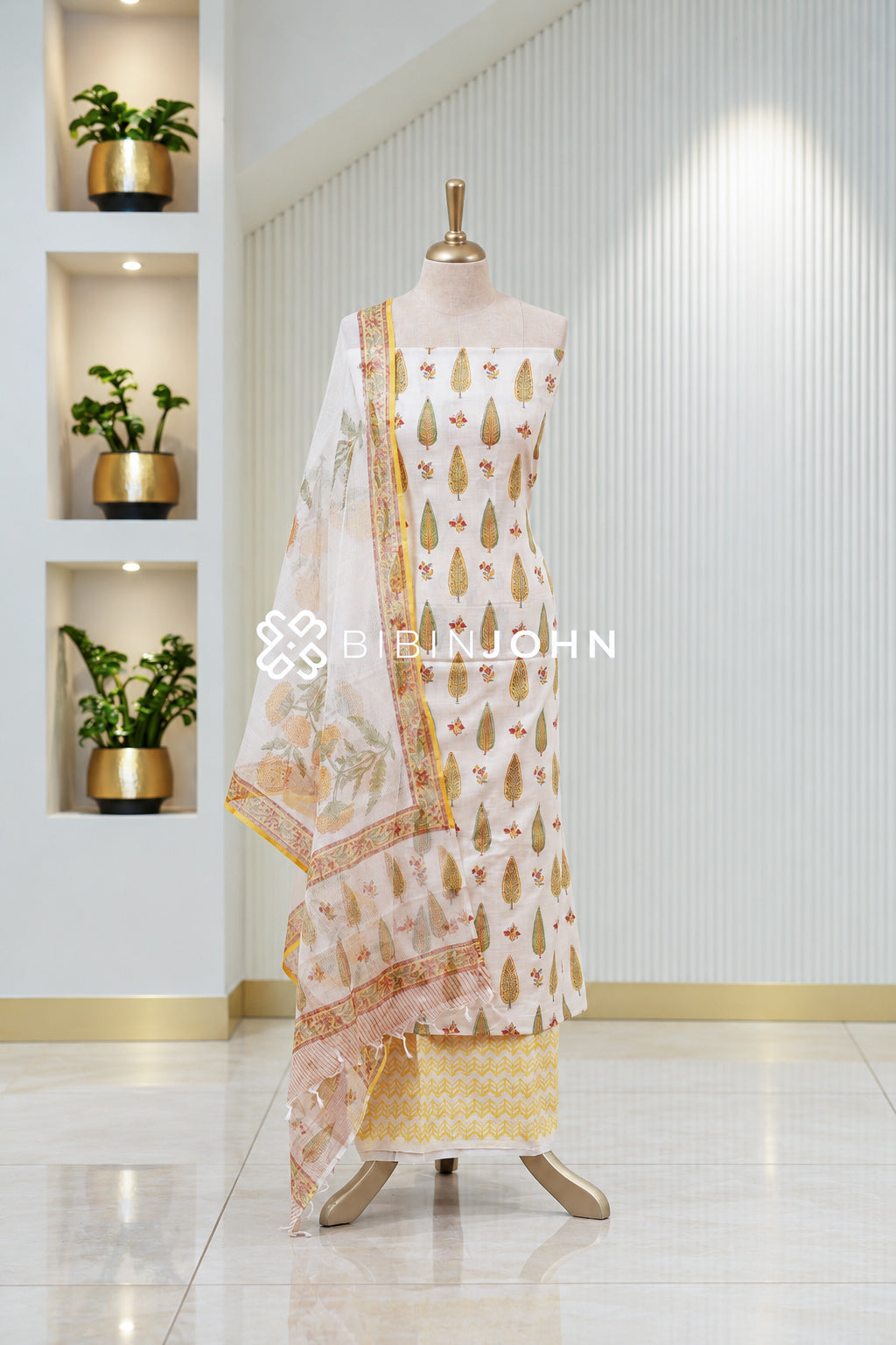 Printed Cotton Unstitched Salwar Suit Material Off White  BJ1951