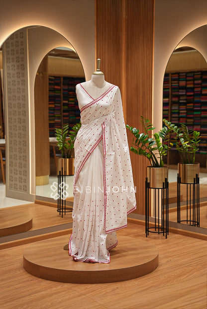 Silk Embroidery Saree Red & White BJ1023