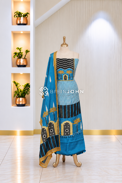 Muslin Embroidery Unstitched Salwar Suit Material Turquoise Blue BJ2092