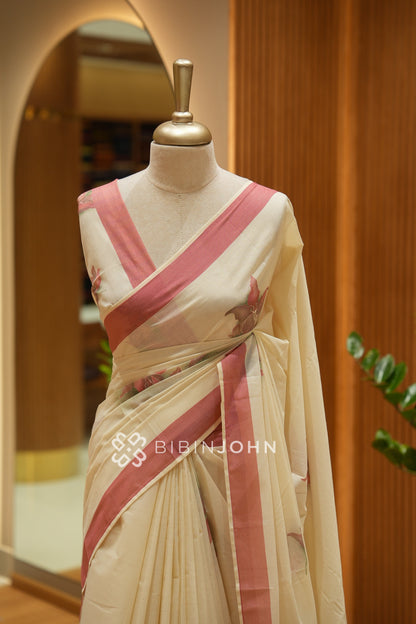 Printed Cotton Saree For Women Cream with Dusty Pink BJ2464