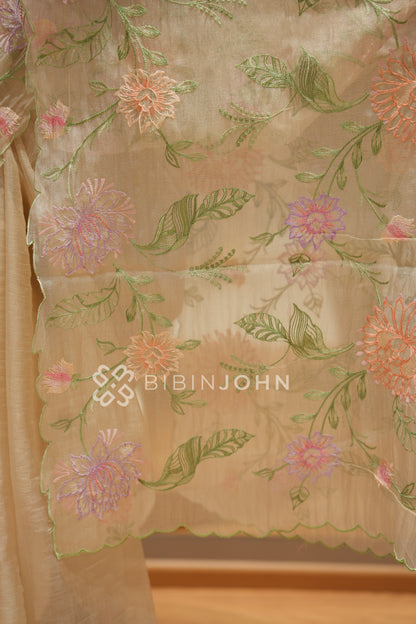 Organza Embroidery Saree For Women Champagne Beige BJ2355