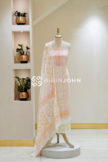 Printed Cotton Unstitched Salwar Suit Material White BJ1119
