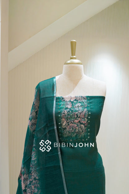 Art Linen Embroidery Unstitched Salwar Suit Material Deep Teal Green BJ2734