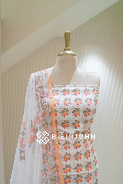 Printed Cotton Unstitched Salwar Suit Material White with Peach Orange BJ2802
