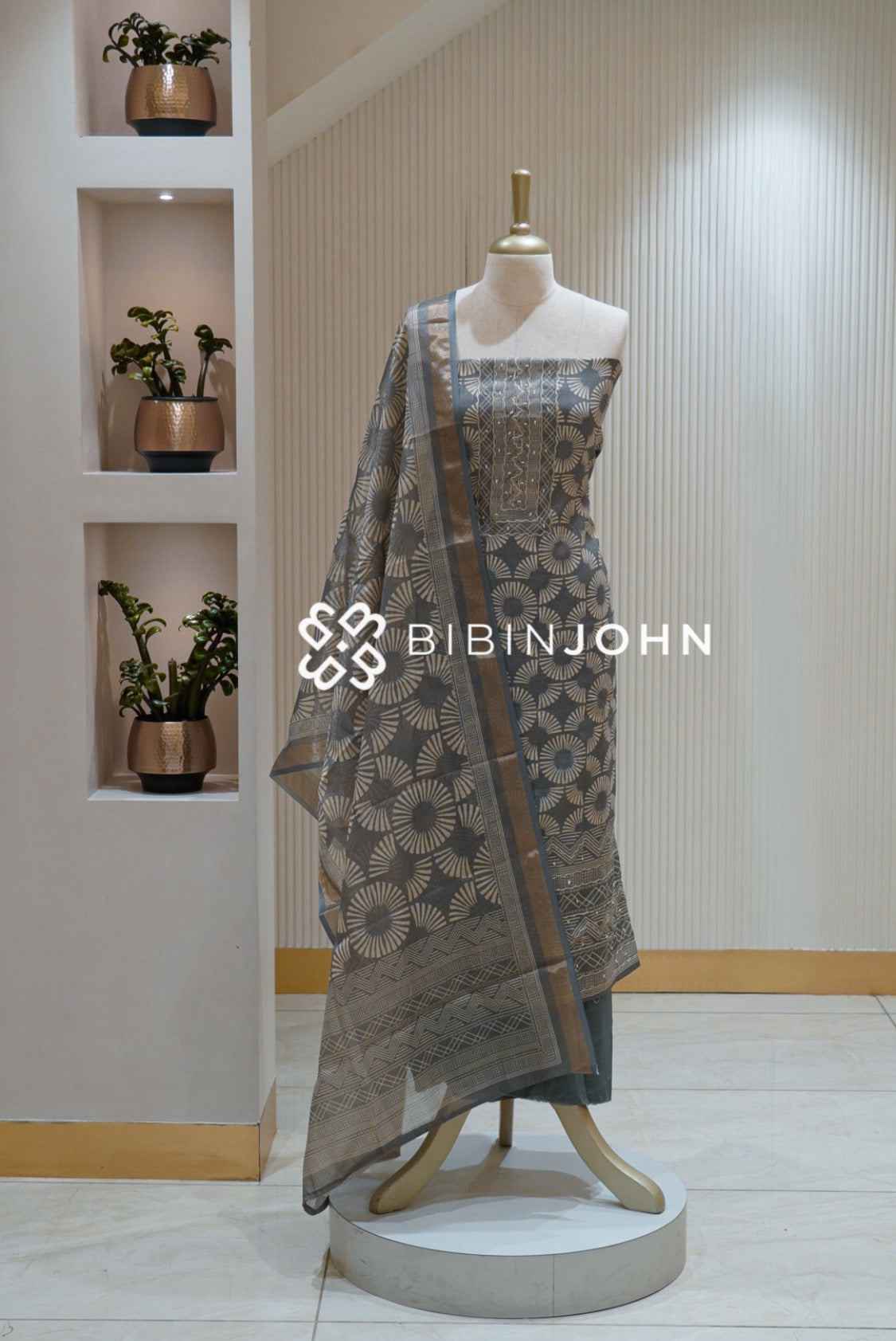 Printed Tissue Linen Embroidery Unstitched Salwar Suit Material Slate Grey BJ2508