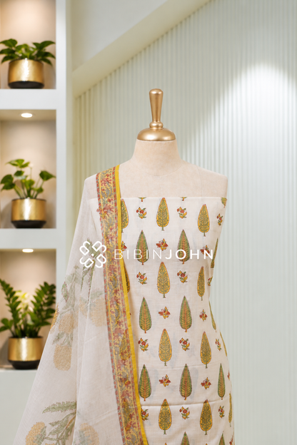 Printed Cotton Unstitched Salwar Suit Material Off White  BJ1951