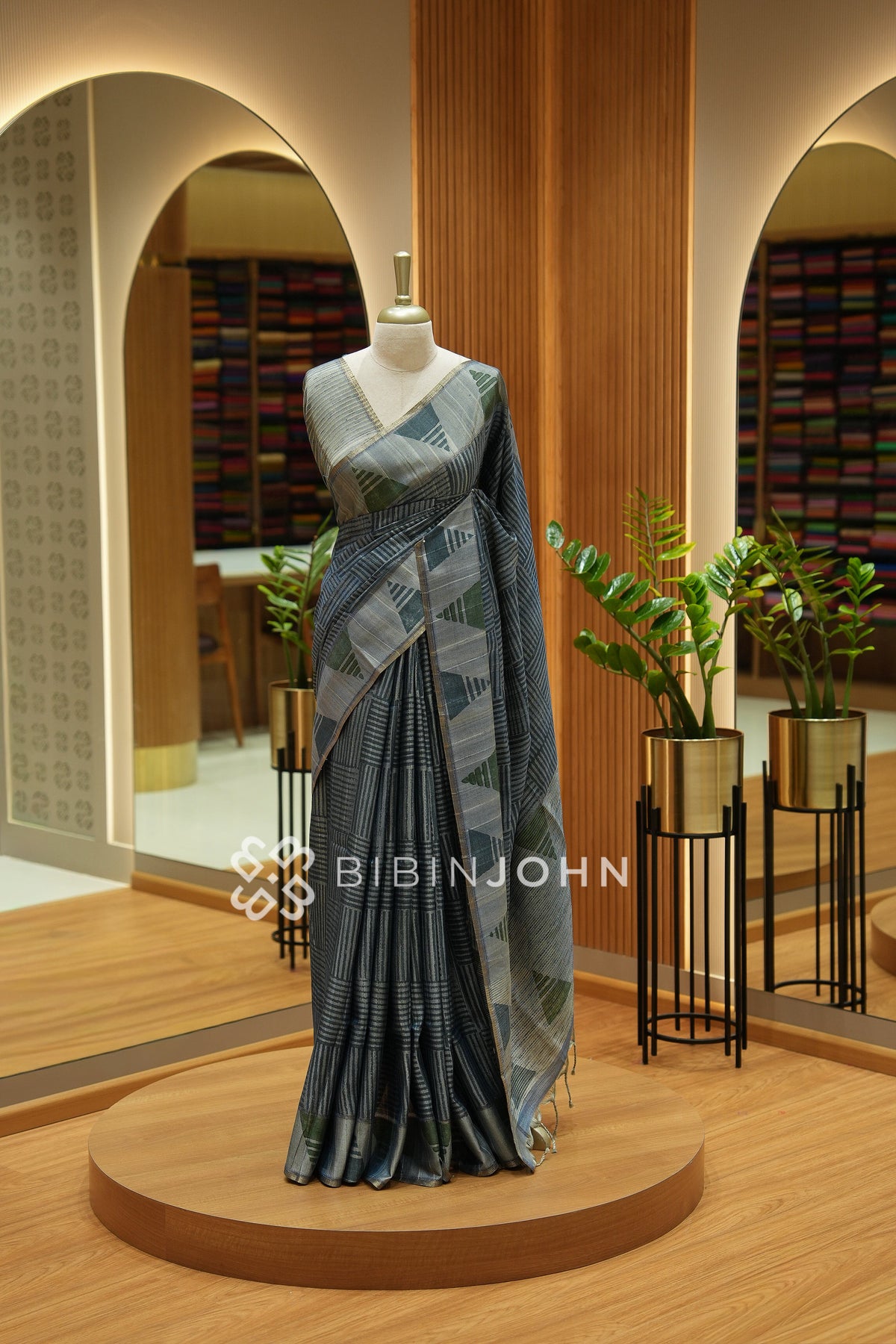 Printed Semi Tussar Saree For Women Slate Grey with Charcoal Grey BJ2459