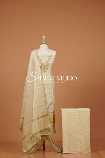 Chanderi Embroidery Unstitched Salwar Suit Dress Material Ivory AC0307