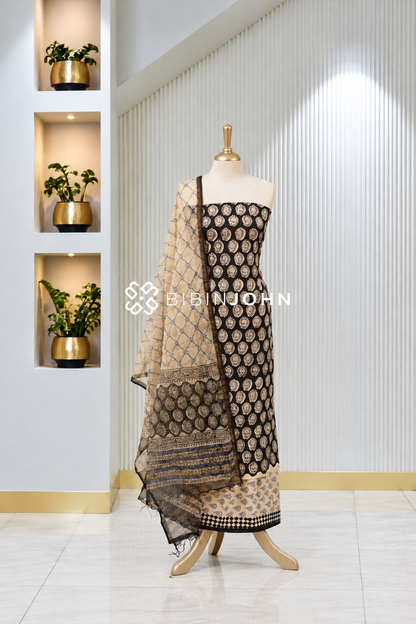 Printed Cotton Unstitched Salwar Suit Material Black With Beige BJ1964