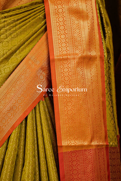 Semi Silk Brocade Saree For Women Olive Green with Rust Orange Side View.