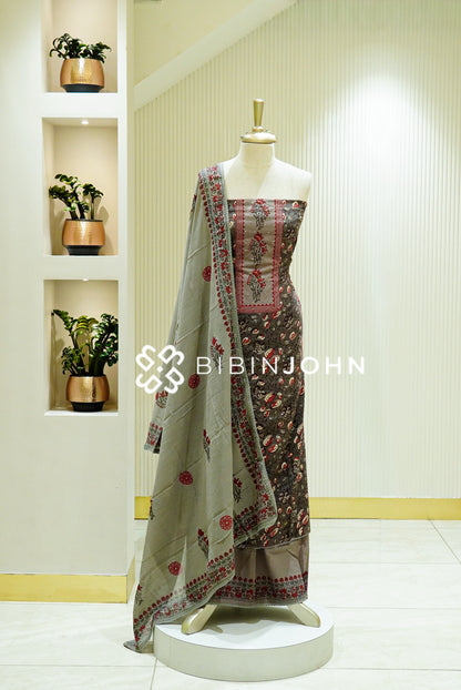 Cotton Embroidery Unstitched Salwar Suit Material Taupe Grey BJ1532
