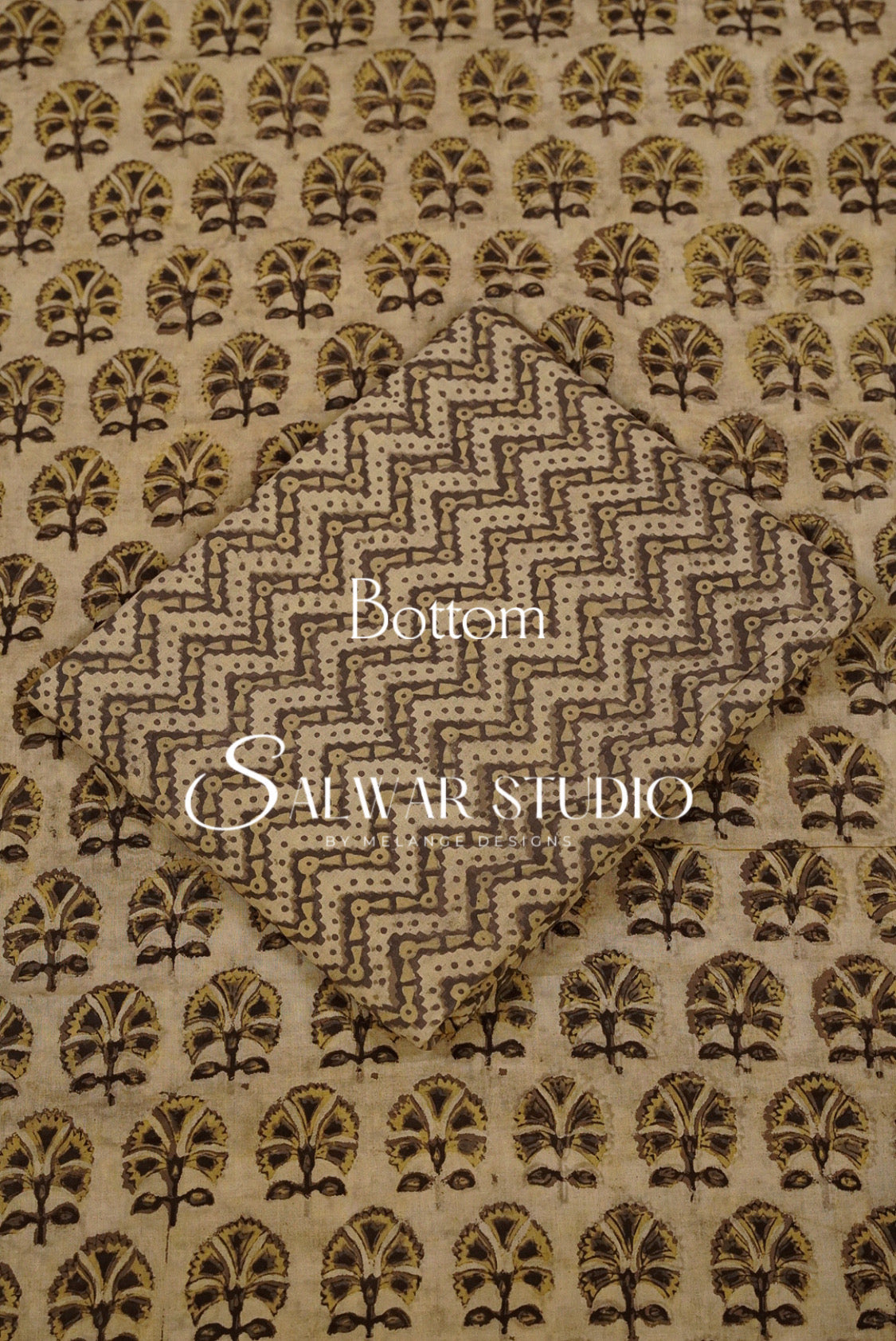 Cotton Ajrakh Unstitched Salwar Suit Material Beige Bottom.