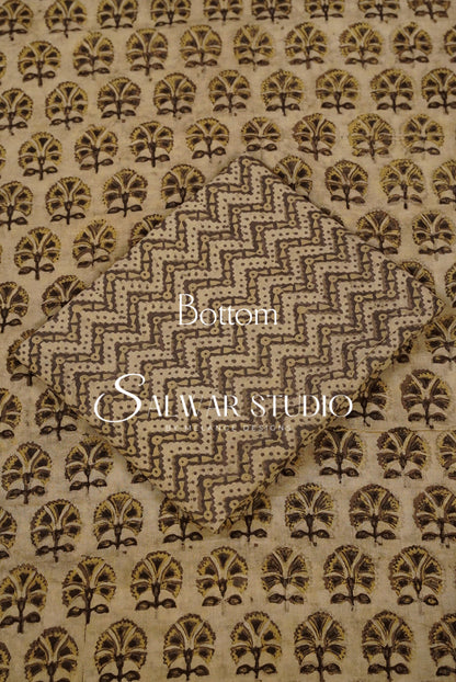 Cotton Ajrakh Unstitched Salwar Suit Material Beige Bottom.