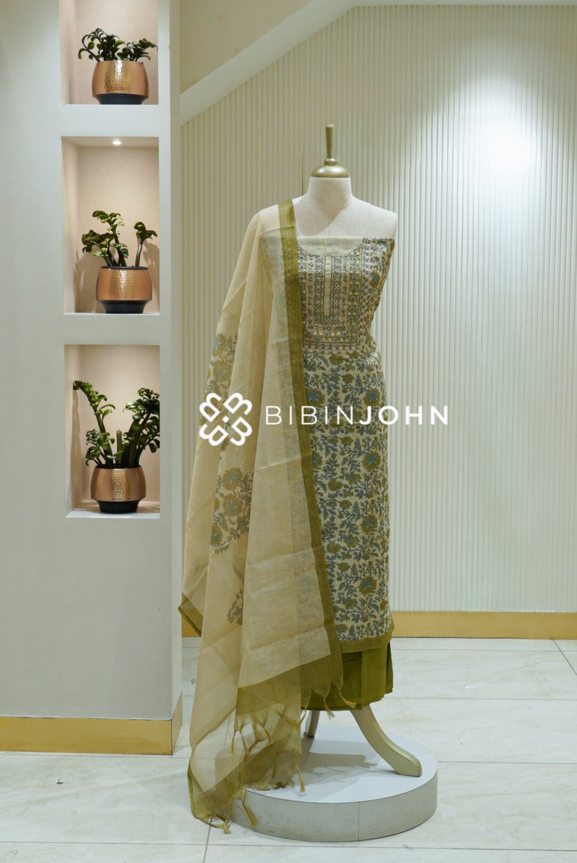 Art Tissue Linen Unstitched Salwar Suit Material Ivory Cream With Olive Green BJ2523