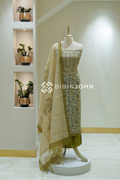 Art Tissue Linen Unstitched Salwar Suit Material Ivory Cream With Olive Green BJ2523