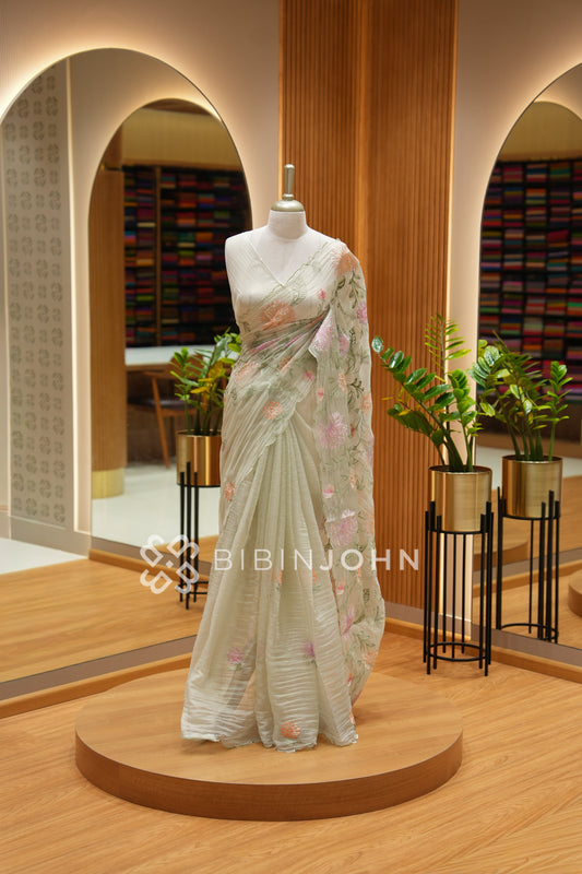 Organza Embroidery Saree For Women Light Pista Green BJ2357